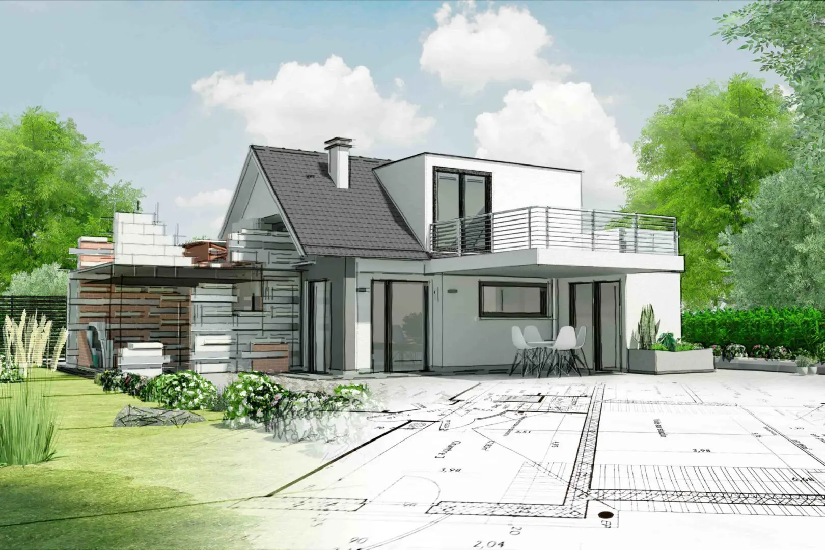 Modern house design with architectural blueprint overlay.