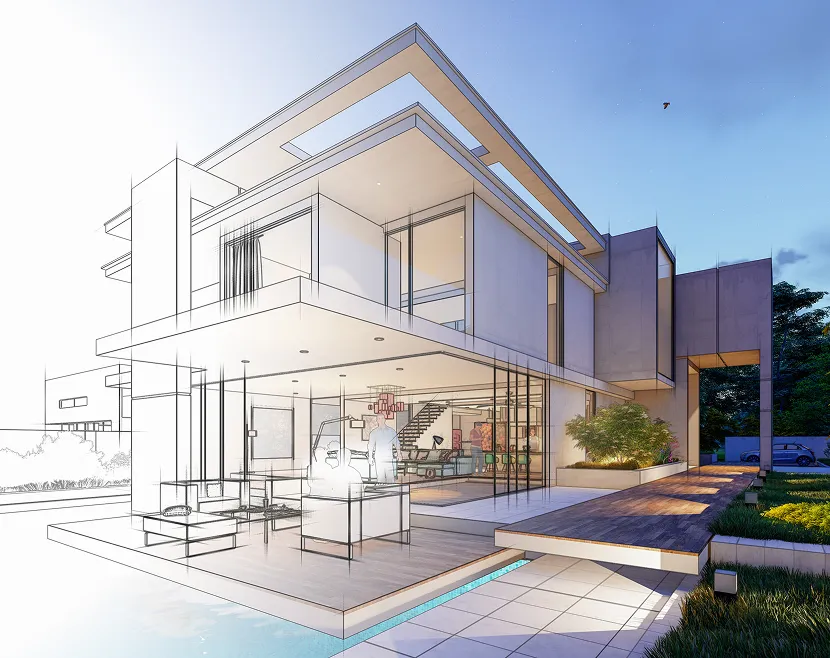 Modern house design merging with architectural sketch.