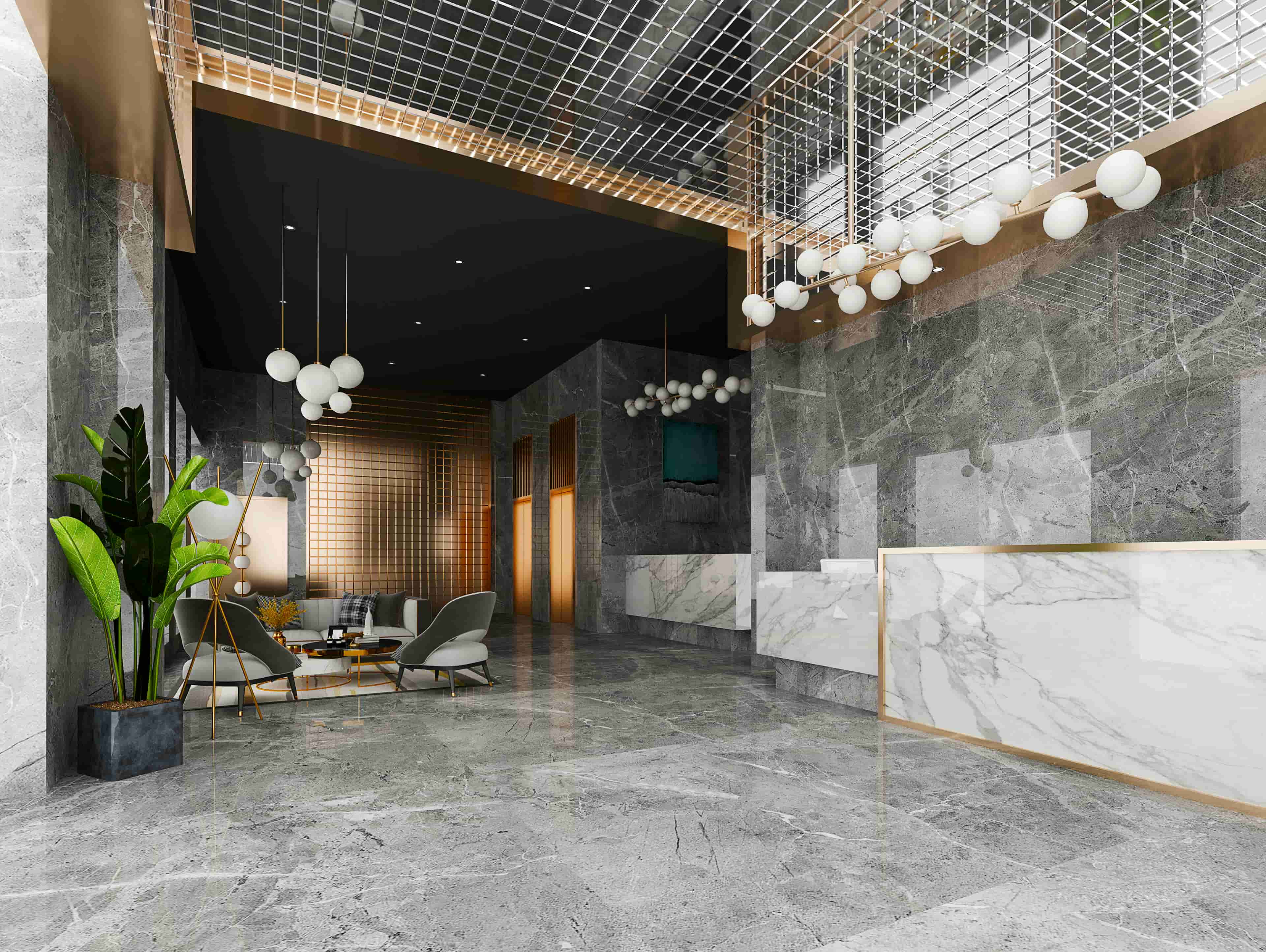 Modern lobby with marble floors and seating.